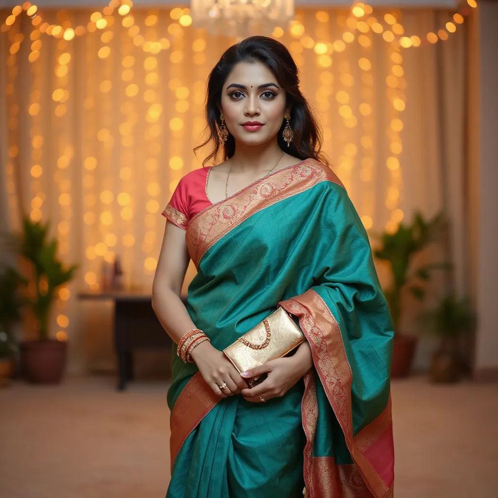 Woman in a vibrant festival saree with elegant border, earrings, and clutch in warm evening light