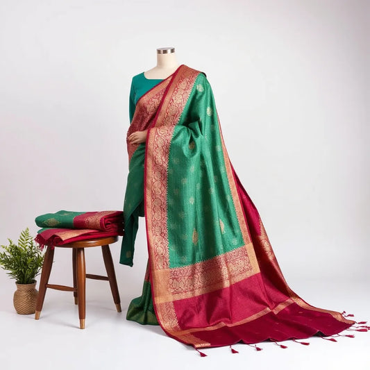 Two draped sarees with shimmering gota patti embroidery borders on a mannequin and chair