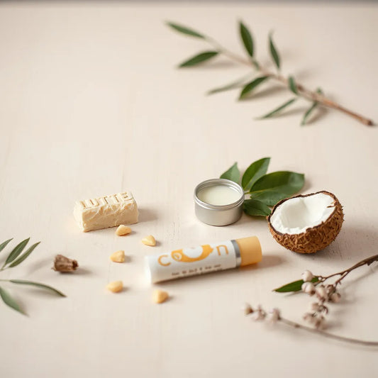 Vegan lip balm tins and tube with natural ingredients like shea butter and plant leaves on a clean wooden surface.