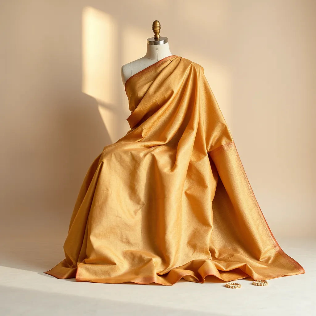 Draped saree with intricate embroidery border on a mannequin in soft studio light
