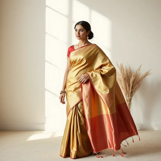 Model wearing a silk saree with neatly arranged pleats and a softly draped pallu