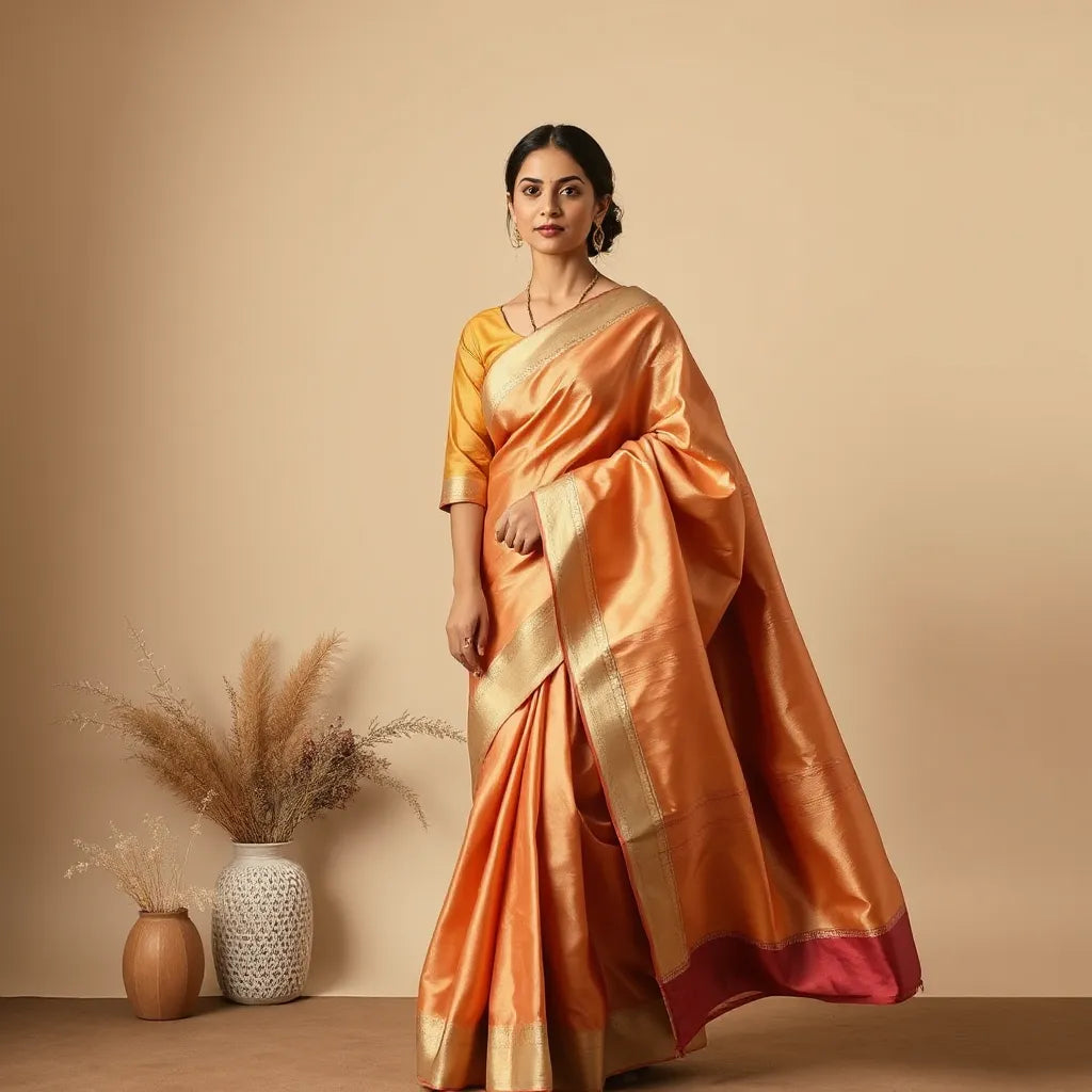 Woman draped in a luxurious vichitra silk saree with elegant folds and subtle sheen in soft studio lighting