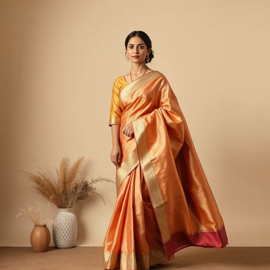 Woman draped in a luxurious vichitra silk saree with elegant folds and subtle sheen in soft studio lighting
