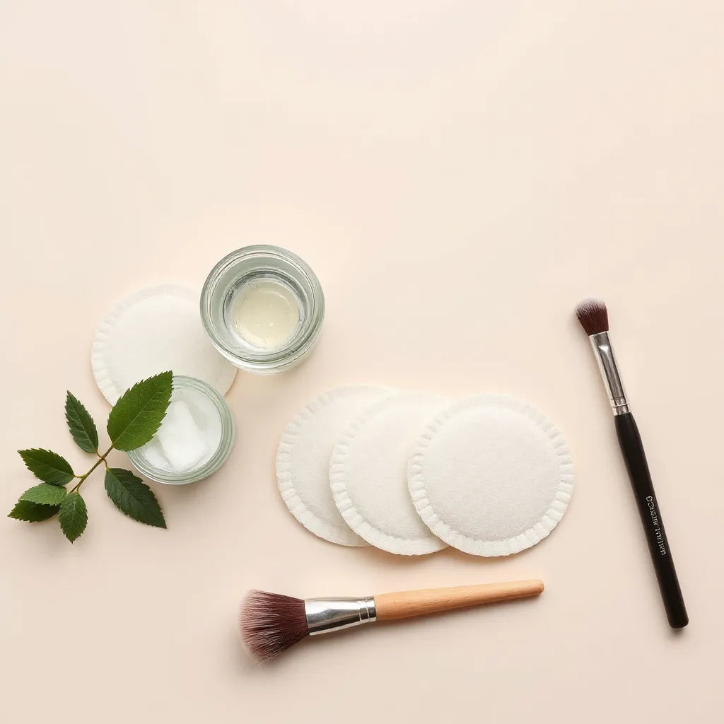 Biodegradable makeup pads and a brush arranged neatly on a neutral background for gentle makeup removal