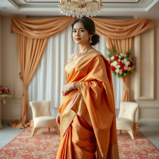 Elegant woman in a richly draped wedding saree with pallu and matching blouse in soft wedding lighting.