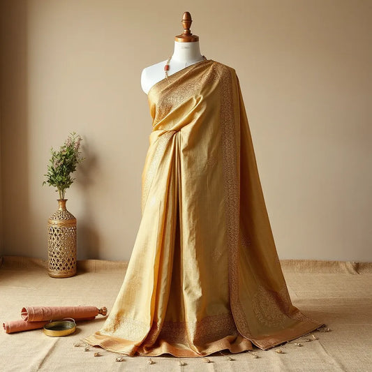 Neatly draped Kota Doria saree with gold gota patti border and breathable textured fabric in warm studio lighting