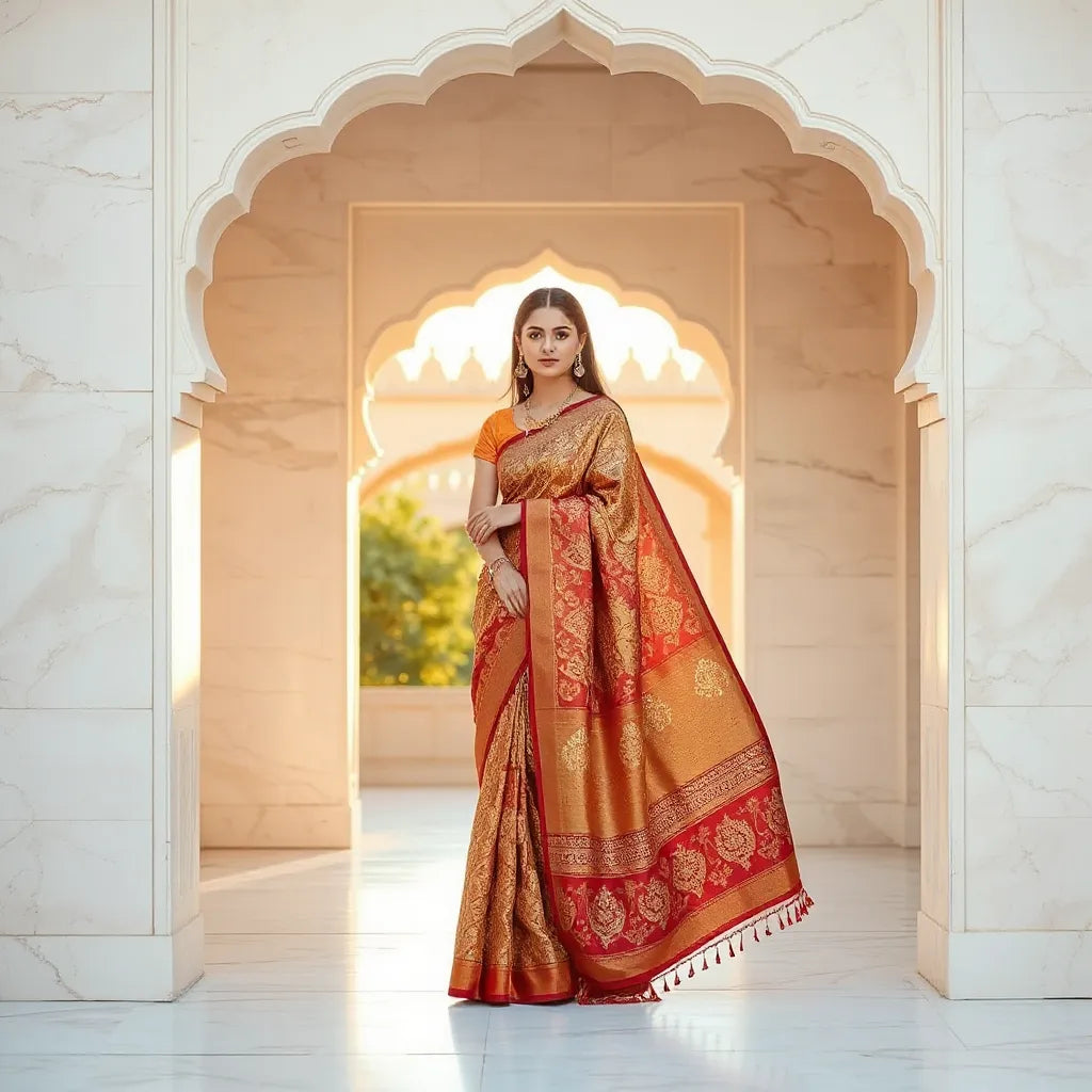 Model draped in an elegant designer saree with detailed border in a warm Udaipur-inspired setting