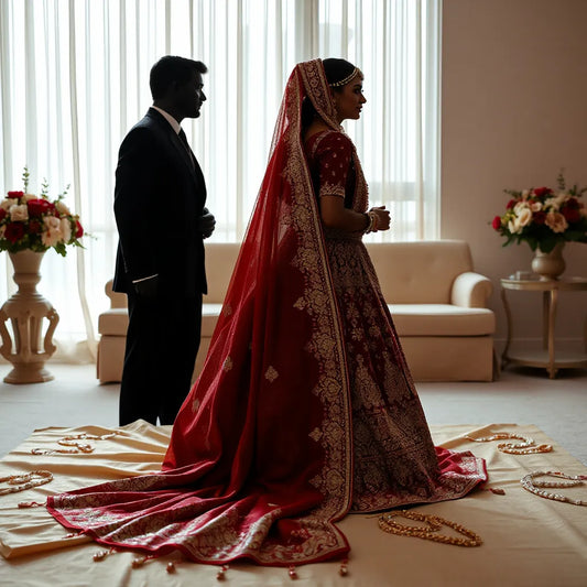 Embroidered bridal lehenga and draped saree with jewelry in warm wedding lighting
