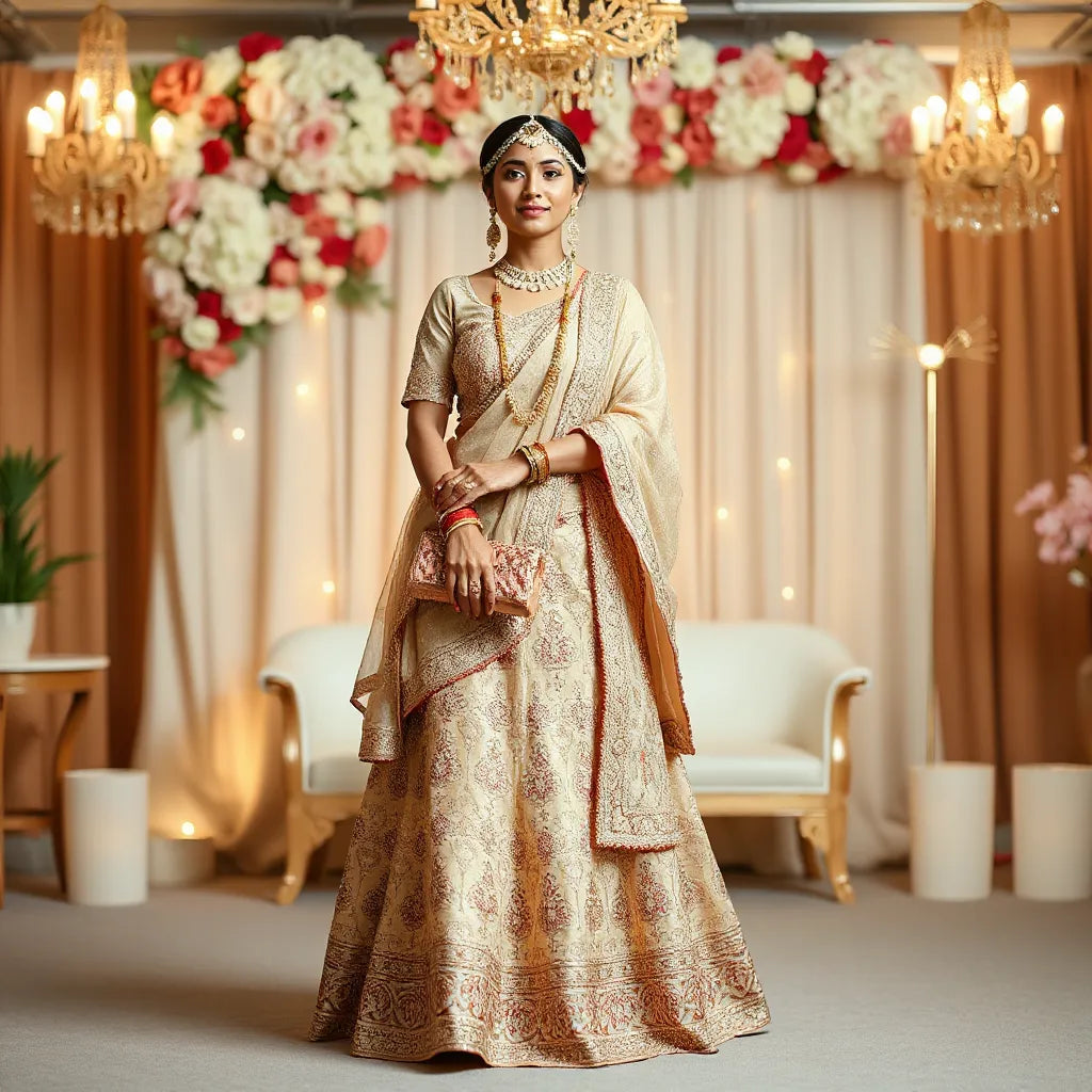 Bridal look featuring a wedding lehenga set with embroidered skirt and matching dupatta draped neatly