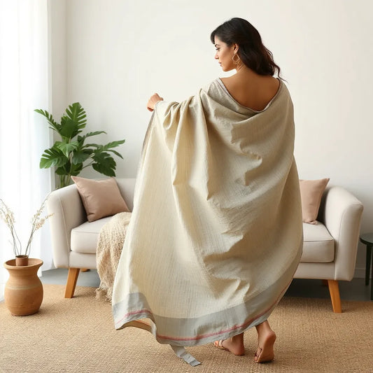 Lightweight woven saree draped over a woman’s shoulder with natural folds and subtle texture.