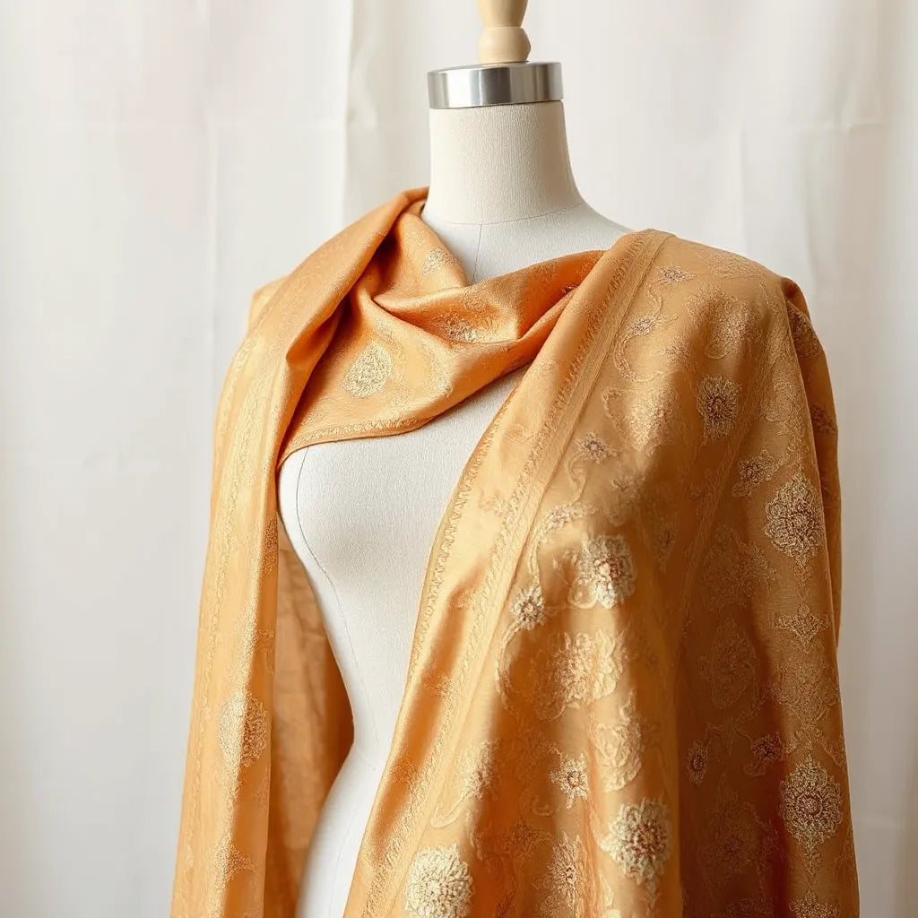 Meenakari zari woven saree fabric with gold threads and colorful motifs draped neatly for detailed texture