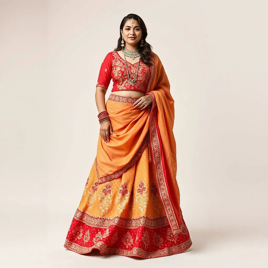 Model wearing a fitted plus size lehenga choli with embroidered blouse and flowing skirt in festive colors