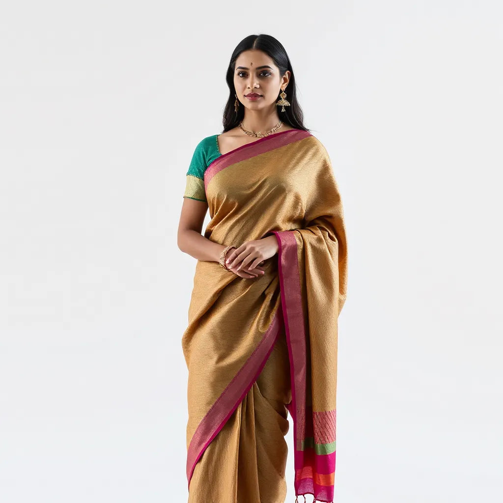 Model wearing a vibrant Lahariya saree with diagonal wave drape and neatly styled pallu