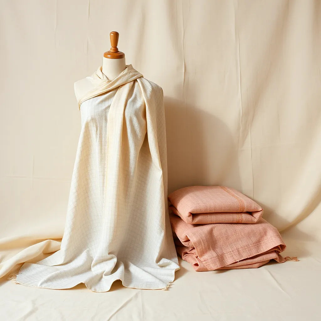 Lightweight Kota Doria sarees draped and folded, highlighting breathable woven texture and neat folds