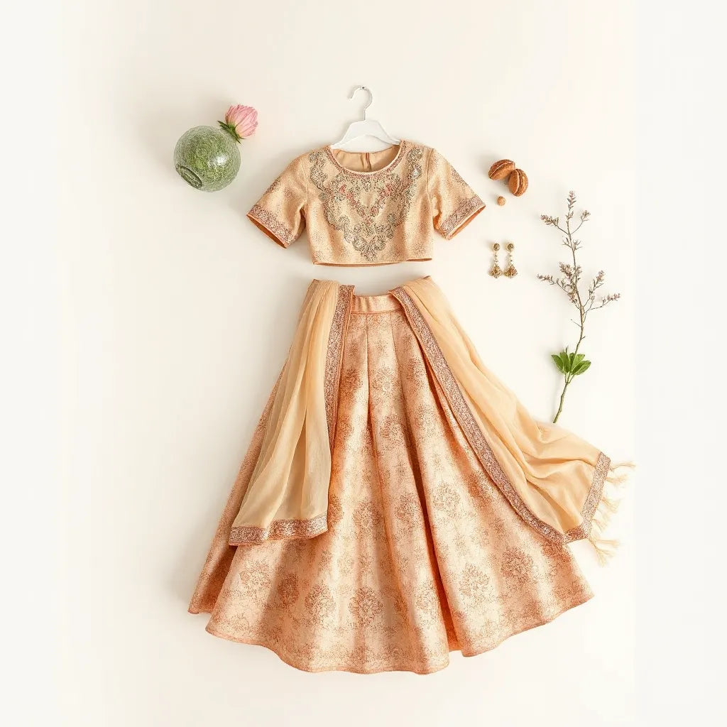 Embroidered bridal lehenga choli set with matching dupatta displayed neatly on a cream backdrop