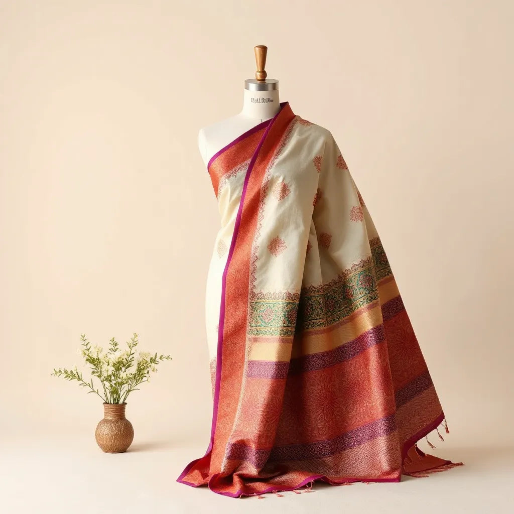 Vibrant geometric Patola saree draped elegantly with detailed border and soft folds on a minimal studio background