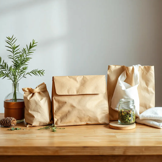 Assortment of sustainable packaging materials on a neutral tabletop in natural light