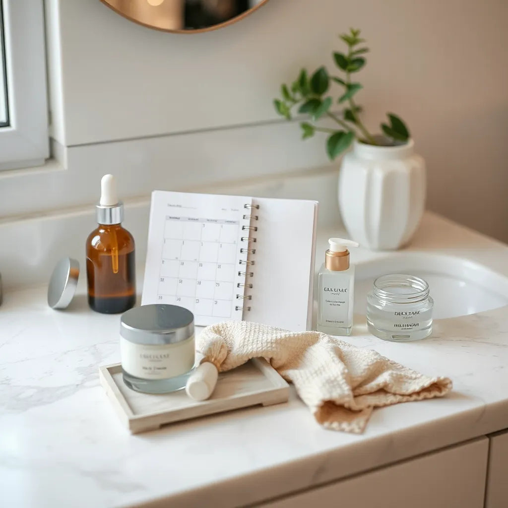 Skincare products and a blank routine planner on a clean bathroom vanity in soft natural light