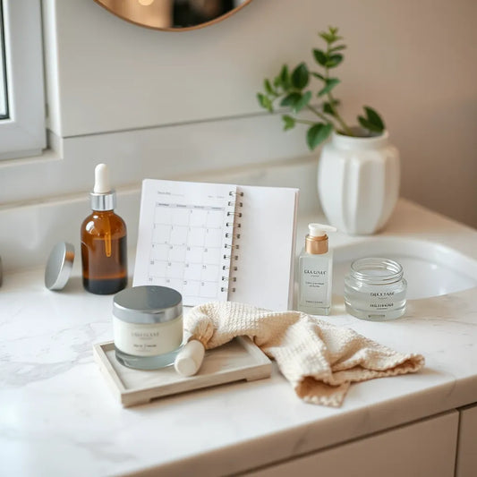Skincare products and a blank routine planner on a clean bathroom vanity in soft natural light