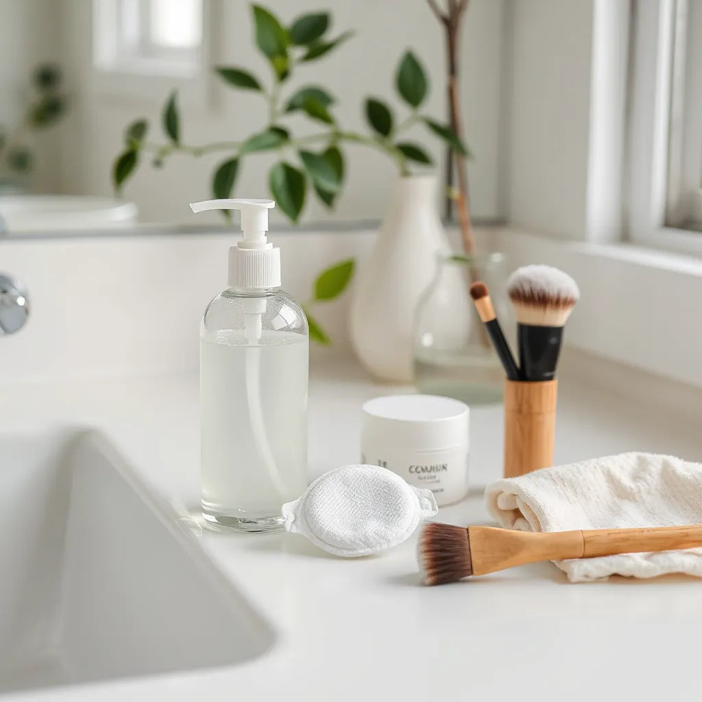 Minimal skincare items including cleanser, moisturizer, and bamboo pads arranged on a bright bathroom counter.