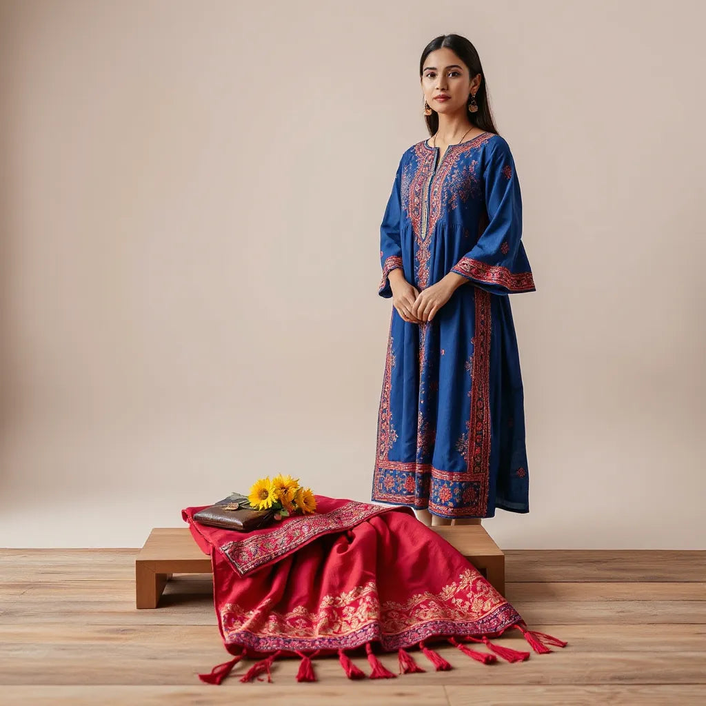 Model wearing a vibrant handcrafted ethnic dress with detailed embroidery and traditional accessories in soft studio light