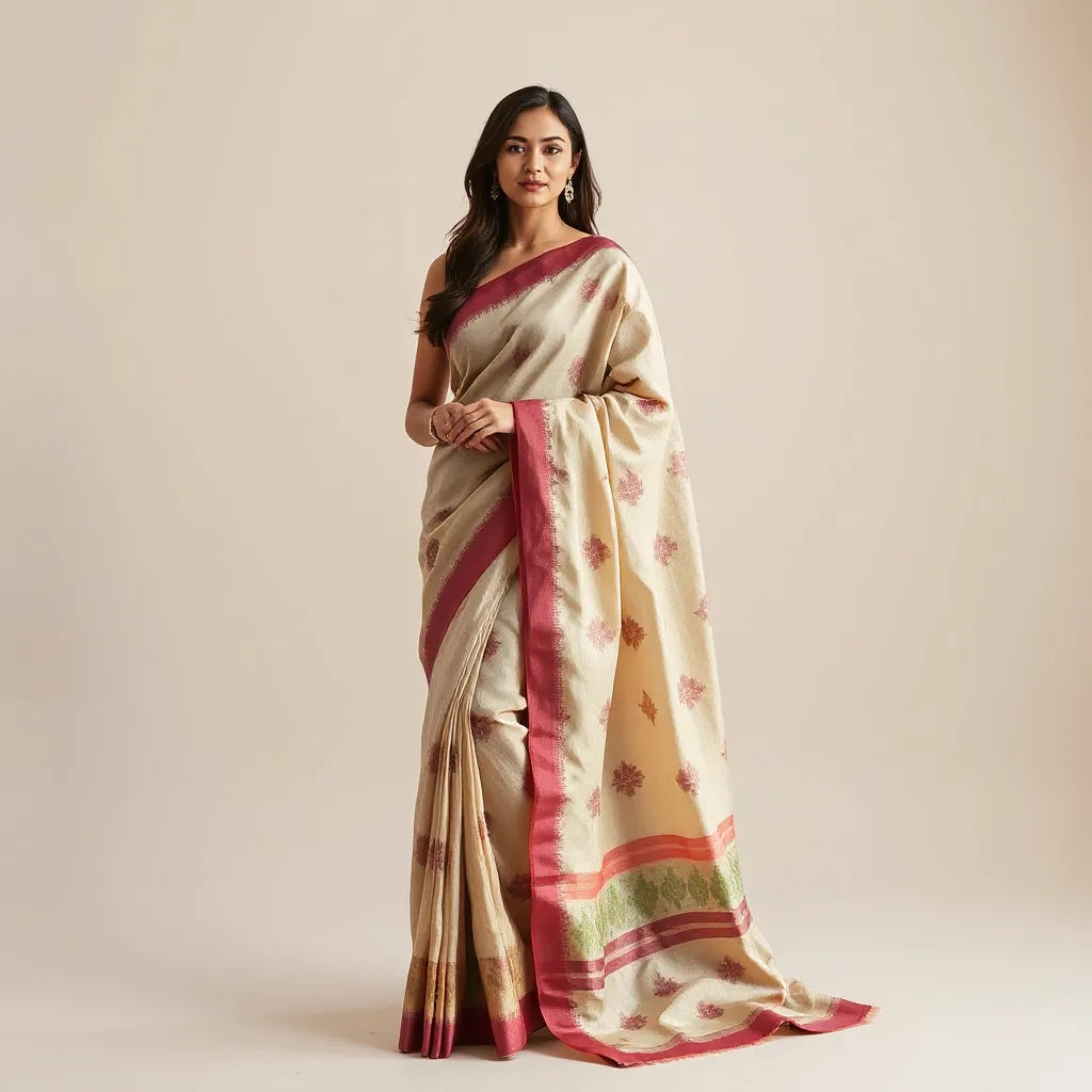 Model draped in a taffeta silk bandhani saree with visible tie-dye pattern and elegant folds