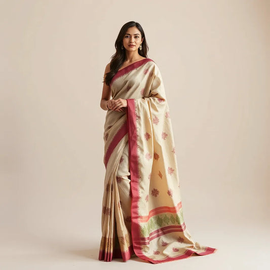 Model draped in a taffeta silk bandhani saree with visible tie-dye pattern and elegant folds