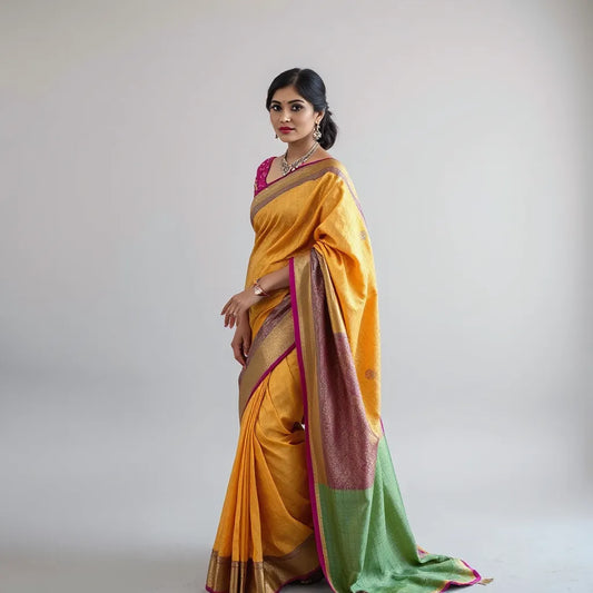 Woman in a vibrant party wear saree showing drape and pallu details with coordinated embellished blouse