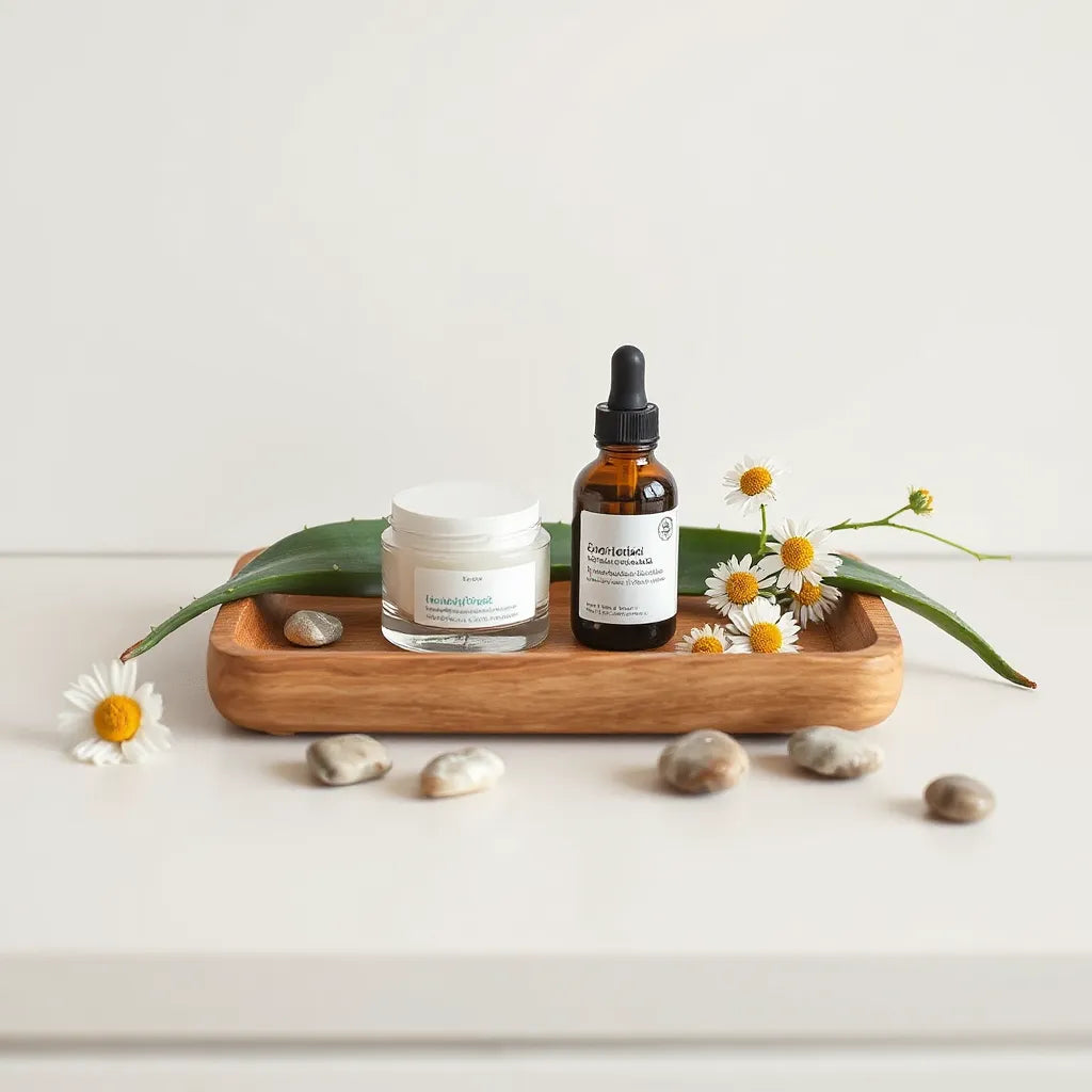 Natural skincare bottles with aloe vera and chamomile on a minimal countertop.