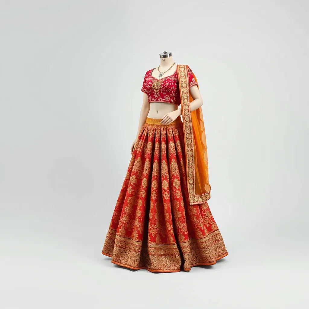 Mannequin wearing a richly embroidered Jaipuri lehenga choli with matching dupatta on a plain light background