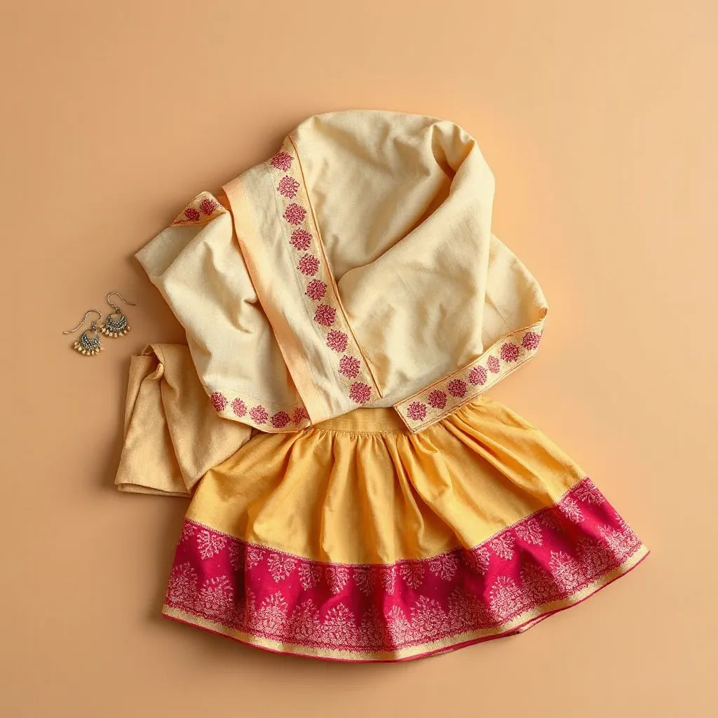 Neatly arranged Rajasthani gota-trim dupatta and festive kurta set with matching traditional accessories