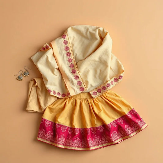 Neatly arranged Rajasthani gota-trim dupatta and festive kurta set with matching traditional accessories