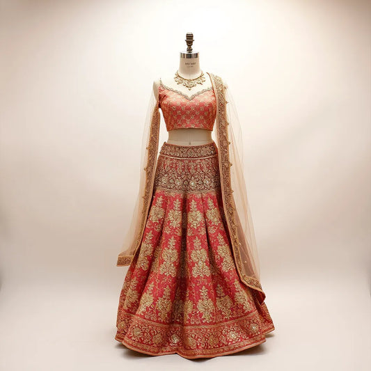 Mirror work lehenga choli with detailed mirror embellishments and flowing dupatta on a clean studio backdrop