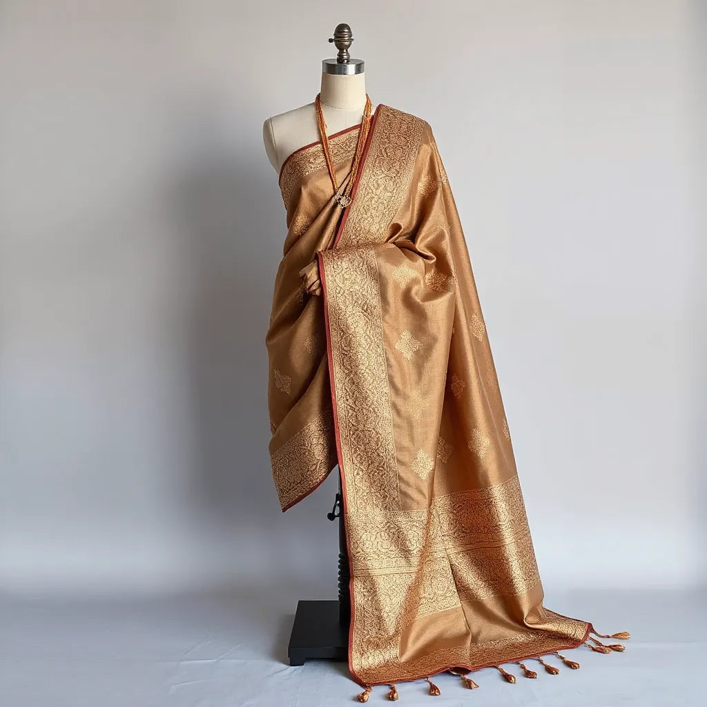 Heavily embroidered gota patti work saree draped on a mannequin with detailed gold-toned border and pallu