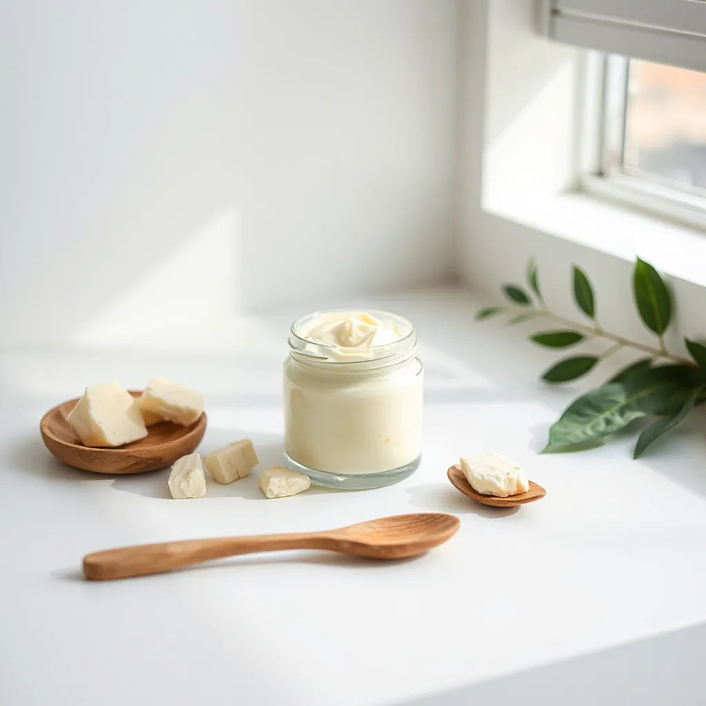 Luxurious body butter jar with creamy texture, wooden spoon, and natural skincare ingredients on a clean surface