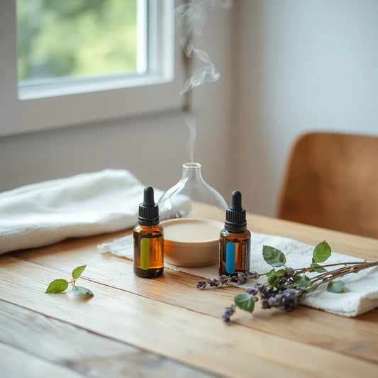 Minimal essential oil diffuser emitting soft mist with eucalyptus and lavender beside dropper bottles