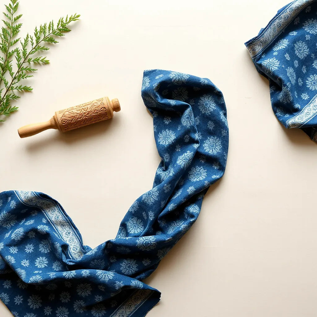 Indigo Ajrakh block-printed fabric draped neatly with visible geometric patterns on a neutral background