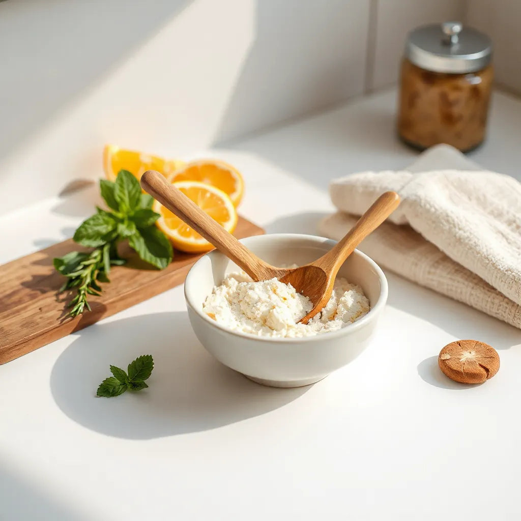 Natural body scrub in a ceramic bowl with a wooden spoon, herbs, and soft towel on a bathroom counter