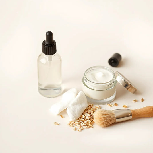 Minimal skincare products with moisturizer and cotton pads beside oats and chamomile for gluten-free routines