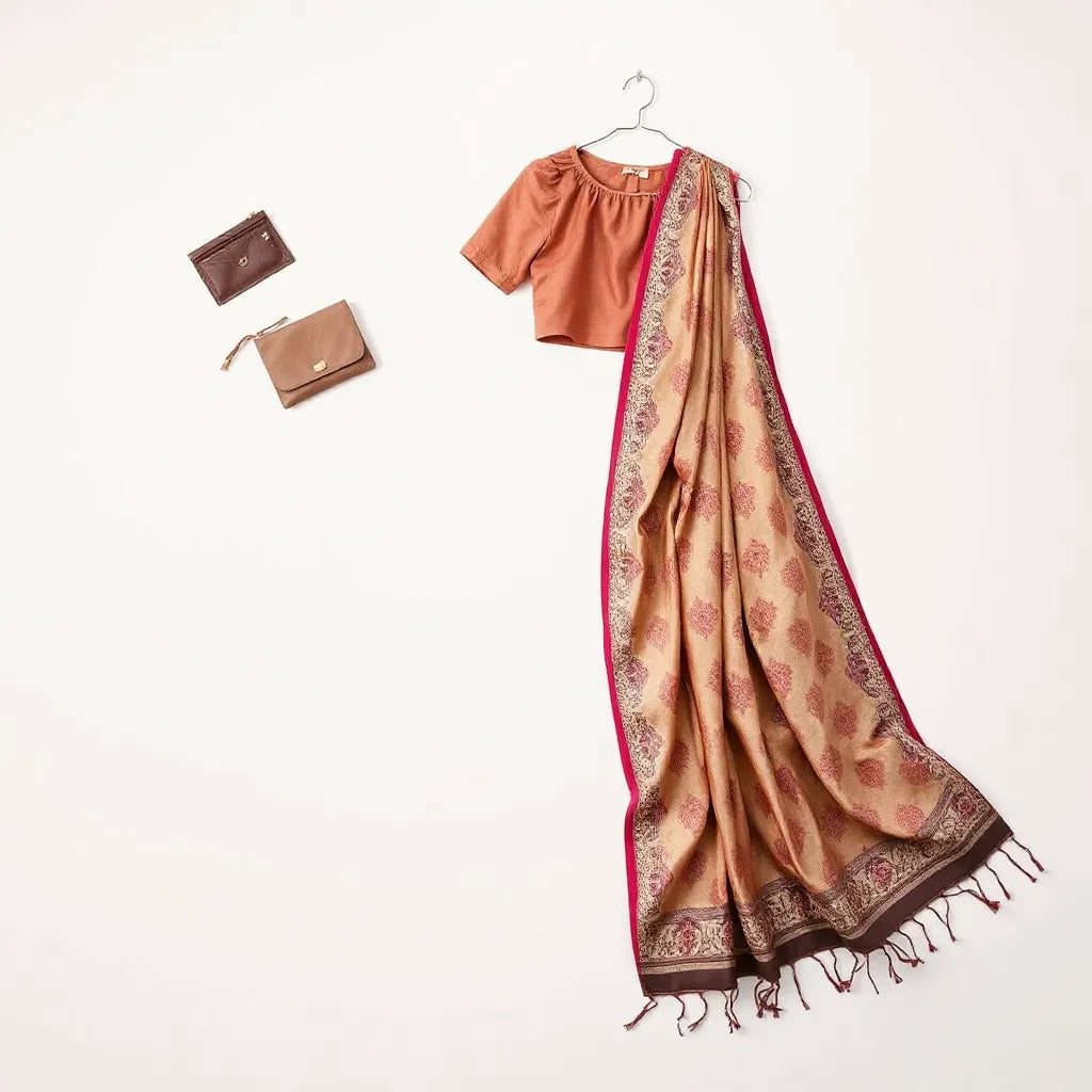 Printed saree draped neatly with visible pattern and border, styled with matching accessories on a neutral background
