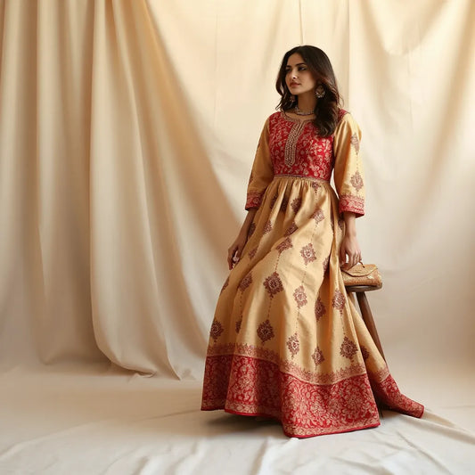 Woman wearing an intricately embroidered traditional gown with rich threadwork and mirror accents in a studio setting