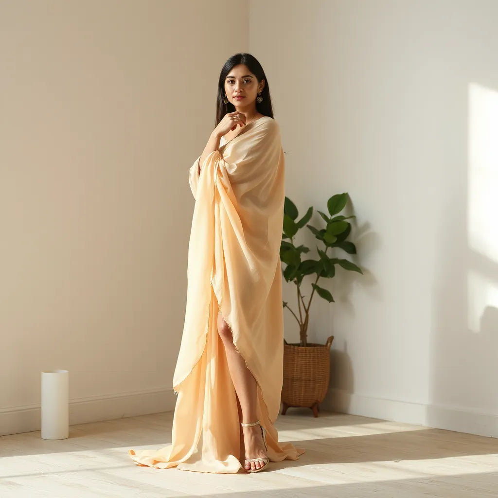 Model wearing a flowing chiffon saree with neat drape and soft pastel fabric texture in natural light