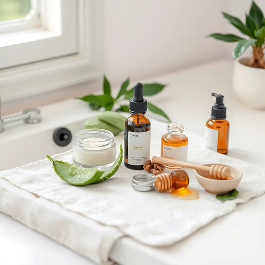 Organic skincare bottles beside aloe, honey, and green leaves on a light linen cloth