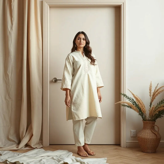 Woman wearing a chikankari embroidered kurti with delicate threadwork in soft natural light