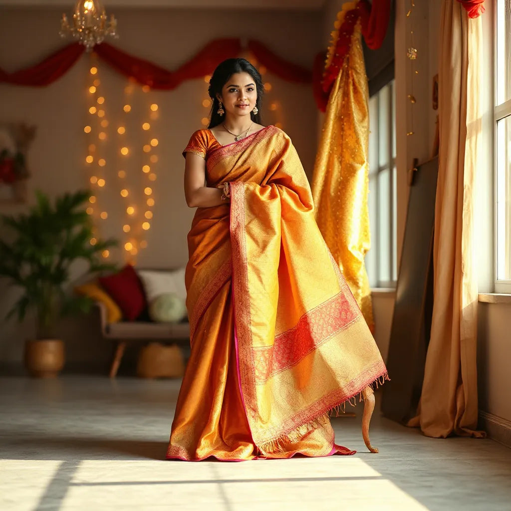 Woman draping a festive saree with rich borders, subtle jewelry, and warm lighting in a clean editorial setting.
