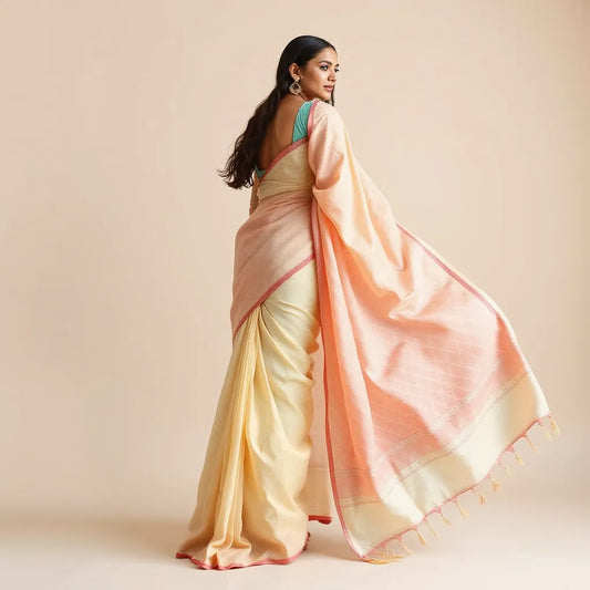 Model wearing a pastel Lahariya saree with wave patterns, draped with neat pleats and visible border