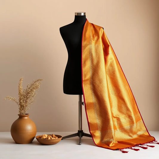 Banarasi silk saree draped with gold zari motifs and a detailed border in warm studio light