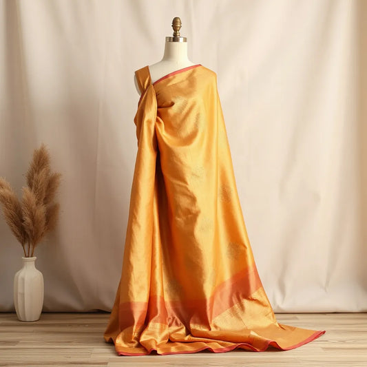 Banarasi silk saree draped on a mannequin with a detailed gold zari border in warm indoor light