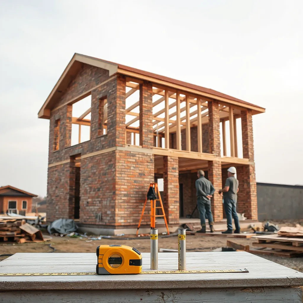 Builder inspecting a neat, sturdy construction with leveling tools on a partially finished site