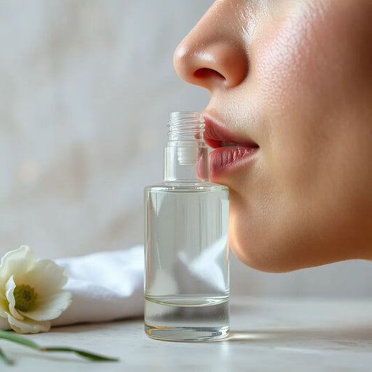 Facial mist spray settling on dewy cheek skin next to a clear mist bottle